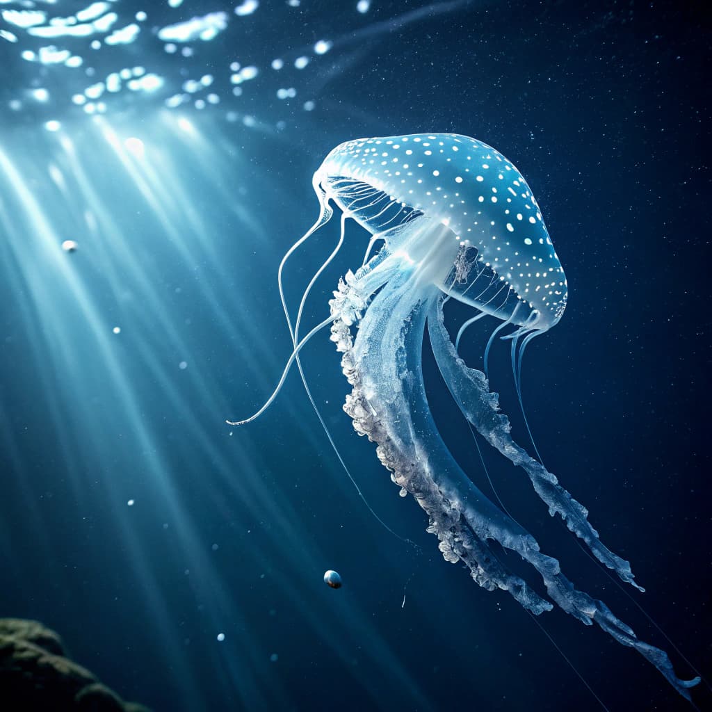 The scene is set underwater, surrounded by a dark, almost black background that evokes a sense of depth and mystery.
