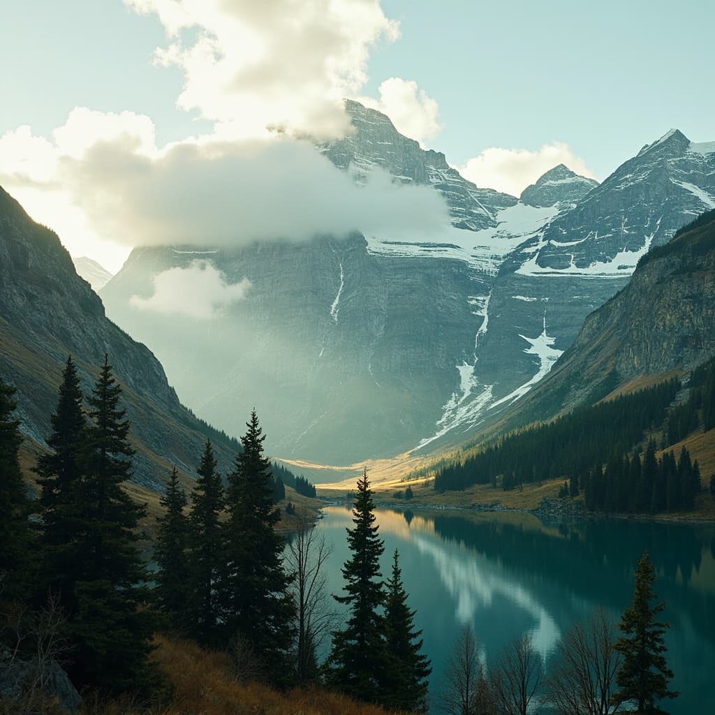 The scene is set outdoors in a mountainous landscape during what appears to be late afternoon, given the soft light that bathes the area.
