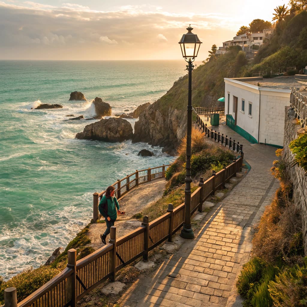 The scene is set outdoors by the sea, during a clear day with brilliant sunlight casting a shimmering glow on the turquoise water.