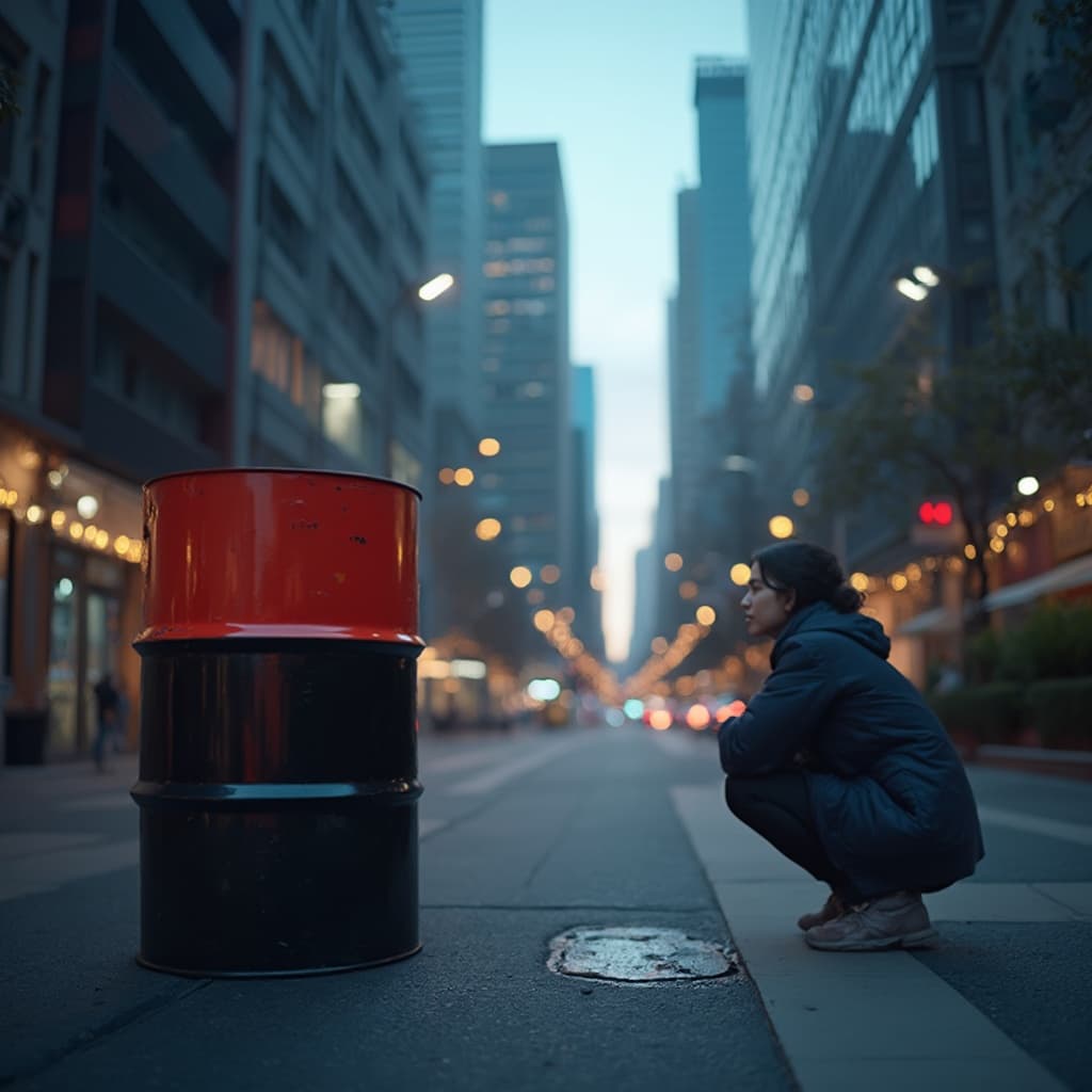 The scene unfolds outdoors in an urban setting, characterized by towering buildings that create a canyon-like effect along the street.