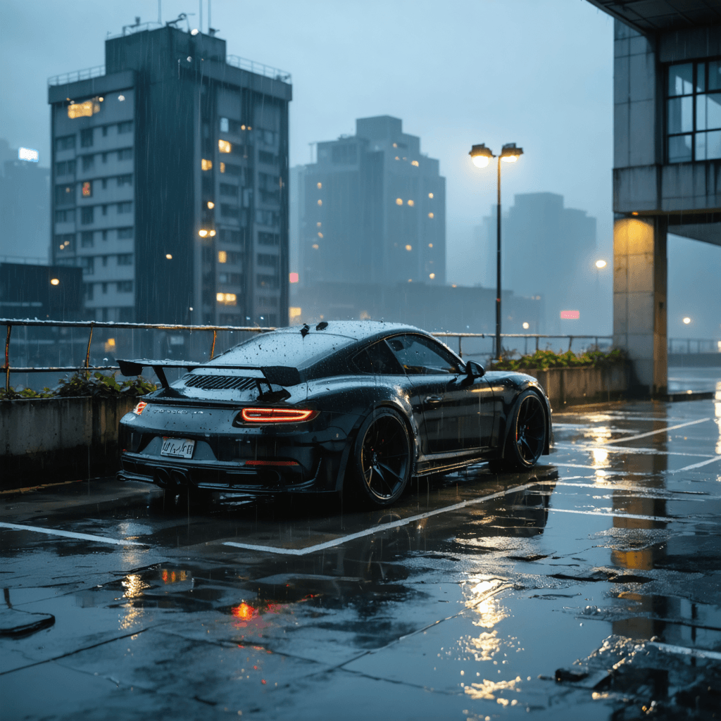 The scene is set on a rooftop parking structure in an urban environment during the serene moments of dusk.