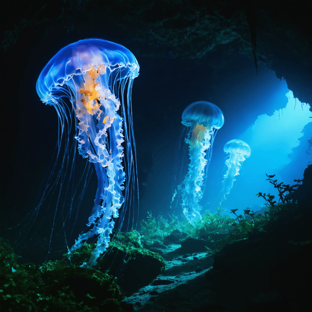 The scene is set underwater, enveloped in the deep darkness of the ocean's depths, with no natural light penetrating the surroundings.