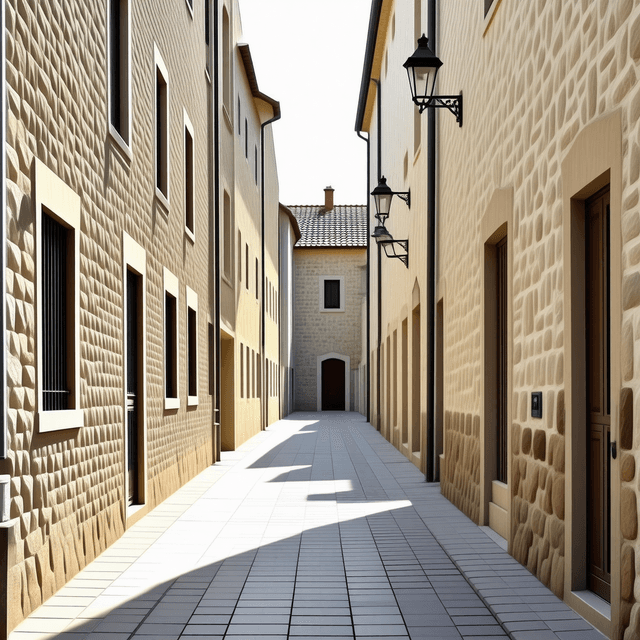 The scene is set in a narrow outdoor alleyway flanked by tall buildings, suggesting a charming, historical district.