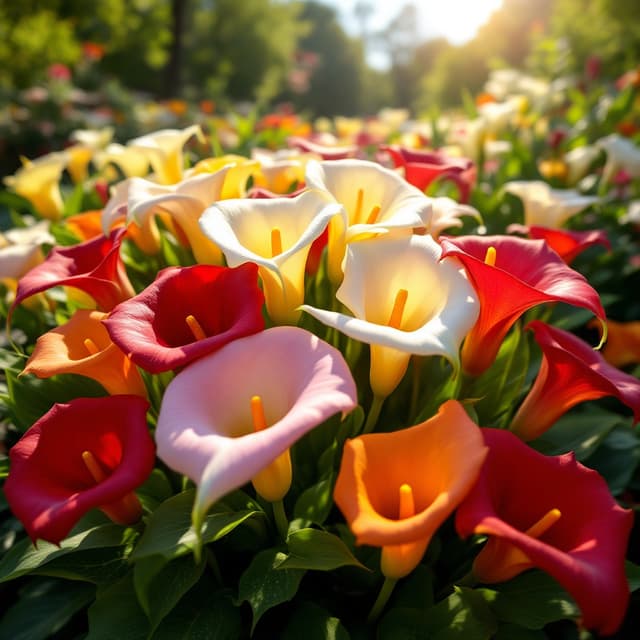 The scene is set outdoors, bathed in bright, natural daylight that casts distinct shadows and highlights the fresh, vibrant colors of the setting.