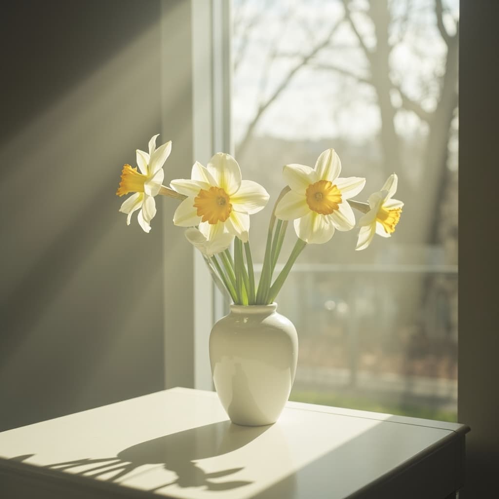 The setting is indoors, likely in a cozy, sunlit room.