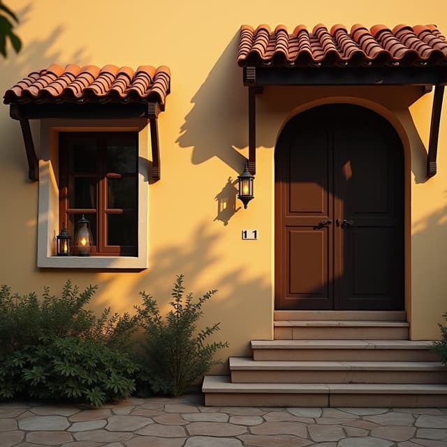 The scene is set outdoors, capturing a tranquil, sunlit courtyard.