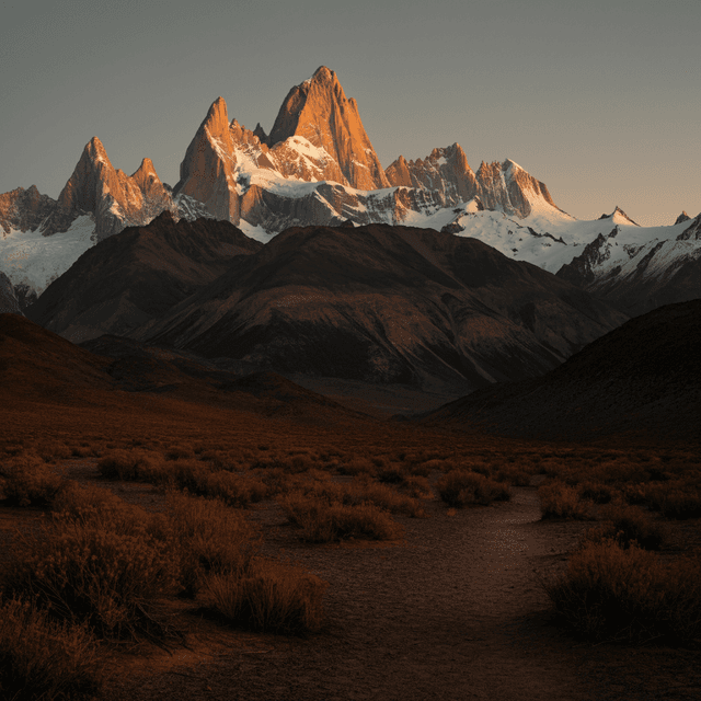 The scene unfolds outdoors at the base of a majestic mountain range during the serene hour of dawn.