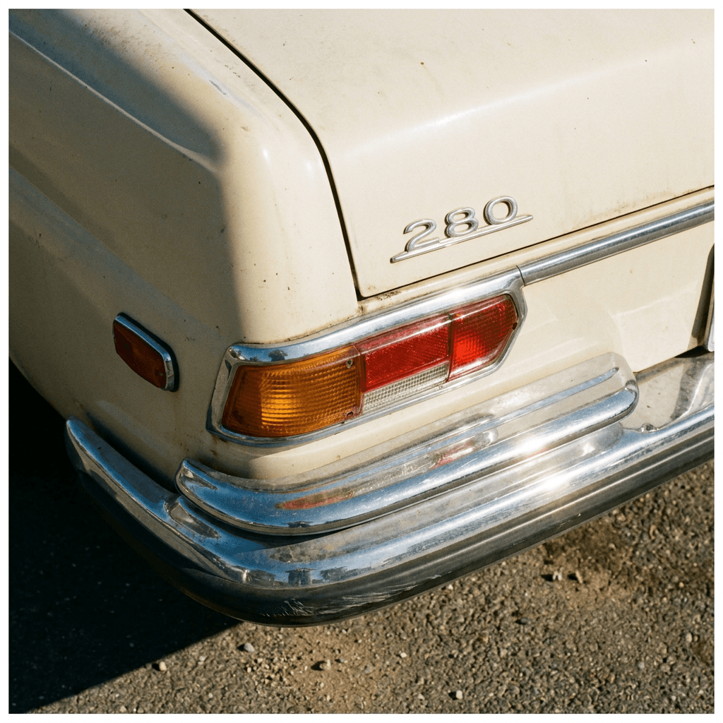 Close-up of the rear corner of a vintage cream-colored car, filling most of the frame at a slight downward angle.