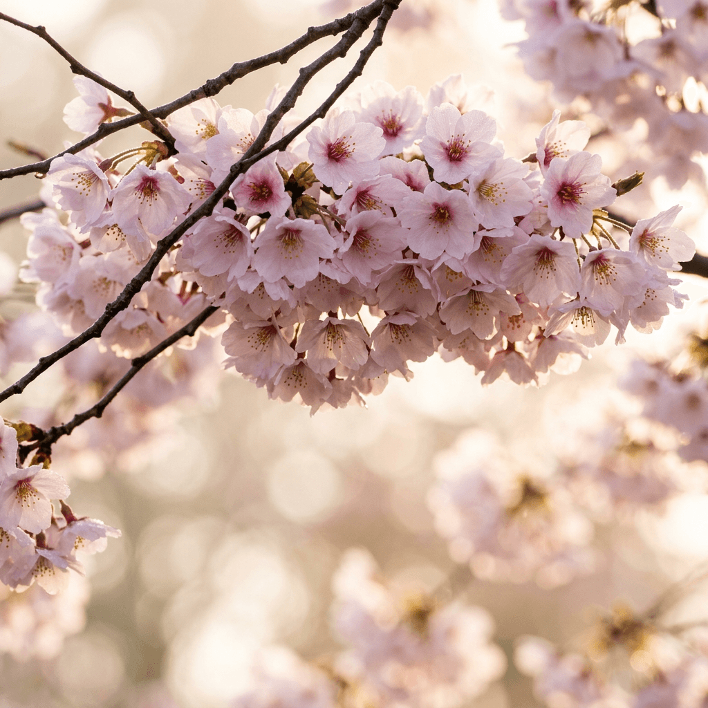 A tight close-up frames a flowering tree branch covered in dense clusters of pale pink blossoms with darker pink centers and yellow stamens, the petals filling most of the composition from foreground to upper right.