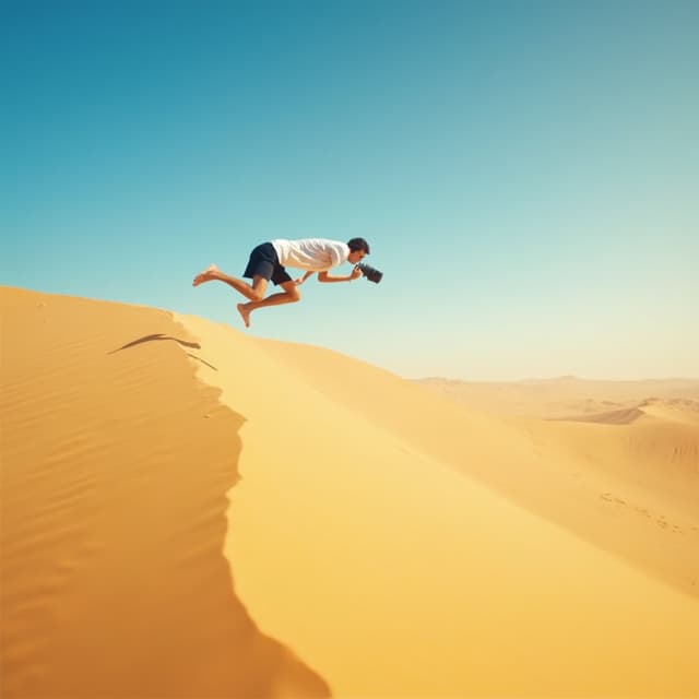 The image captures a dynamic scene of a person leaping off the crest of a large sand dune in an expansive desert landscape.