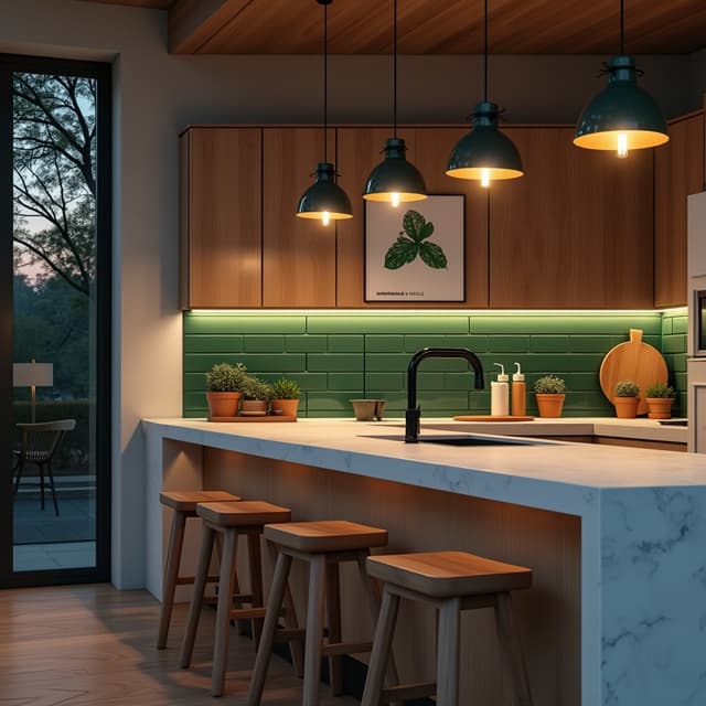 The scene depicts an indoor kitchen area filled with warm, late-afternoon light streaming through unseen windows, casting soft shadows across the space.