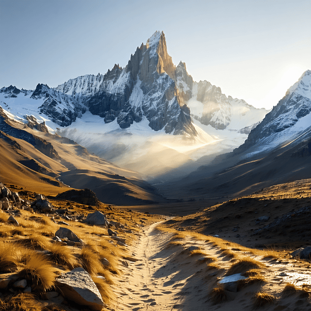 The scene unfolds outdoors at the base of a majestic mountain range during the serene hour of dawn.