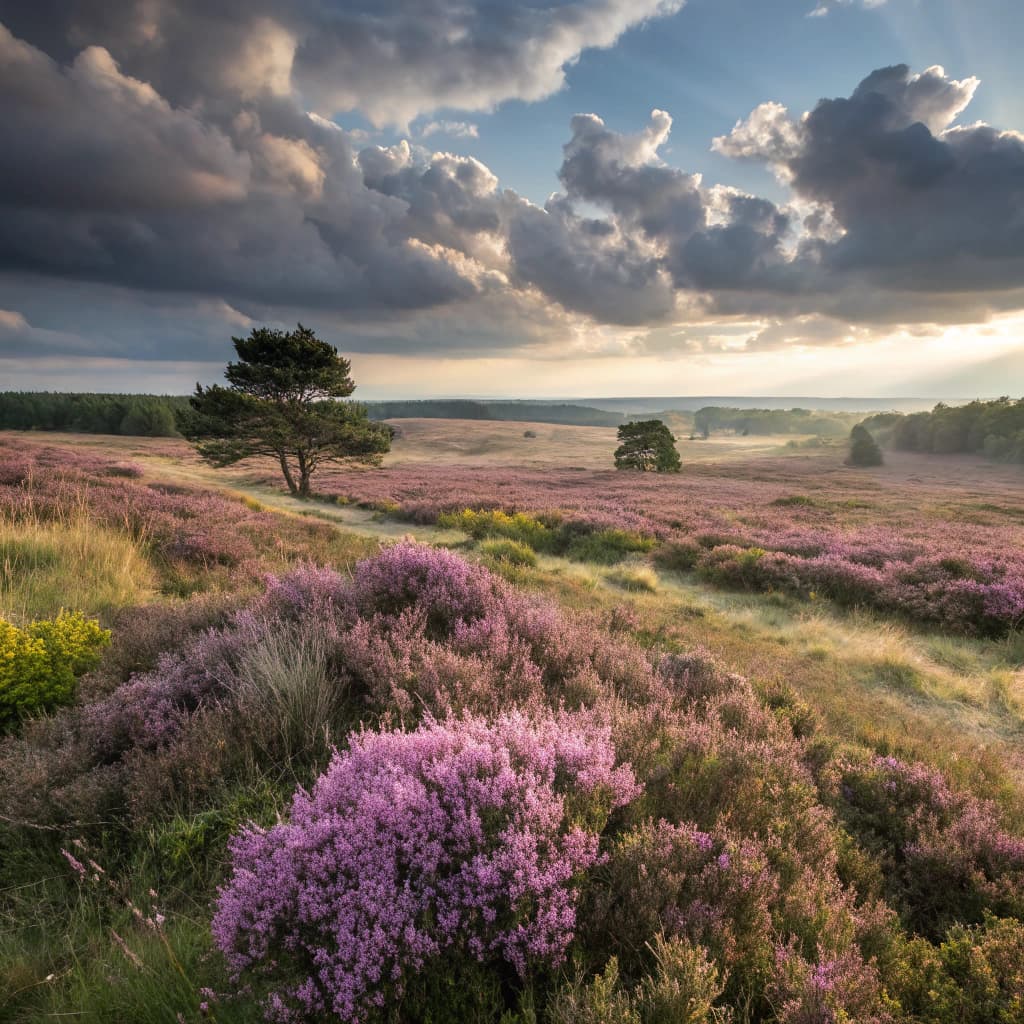 The scene is set outdoors in a vast field of blooming heather, captured during the soft glow of either sunrise or sunset.