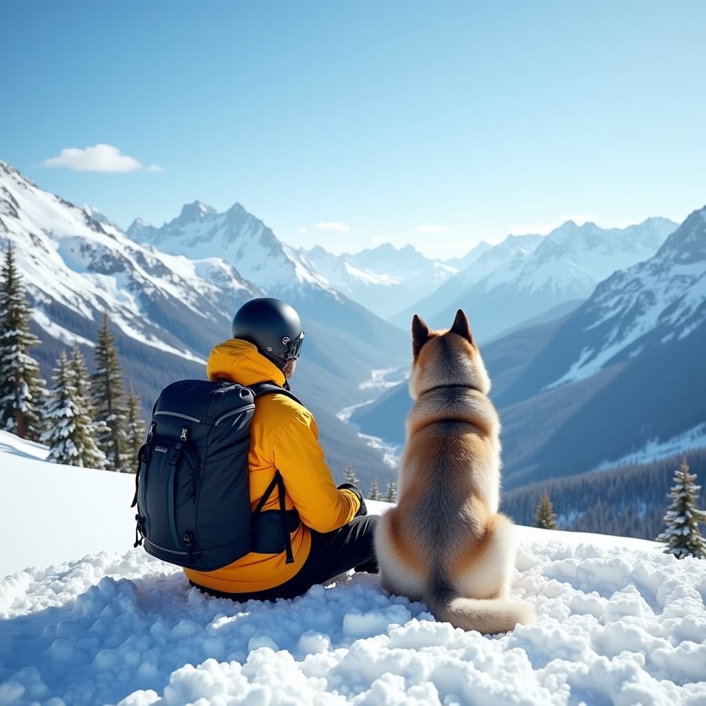 The scene is set outdoors on a snowy mountainside under a clear blue sky.