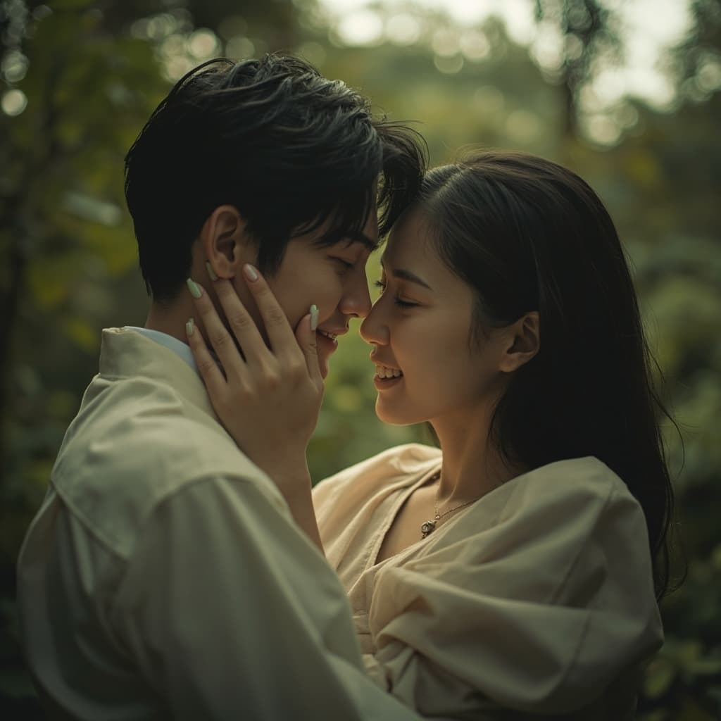 The scene unfolds outdoors under the gentle light of either early morning or late afternoon, creating a soft, warm glow.