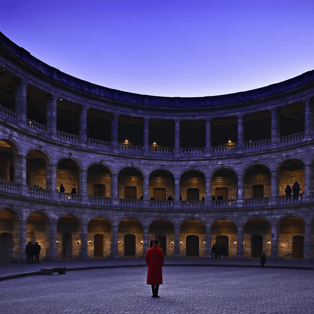 The scene is set in a grand indoor courtyard characterized by a circular architecture.