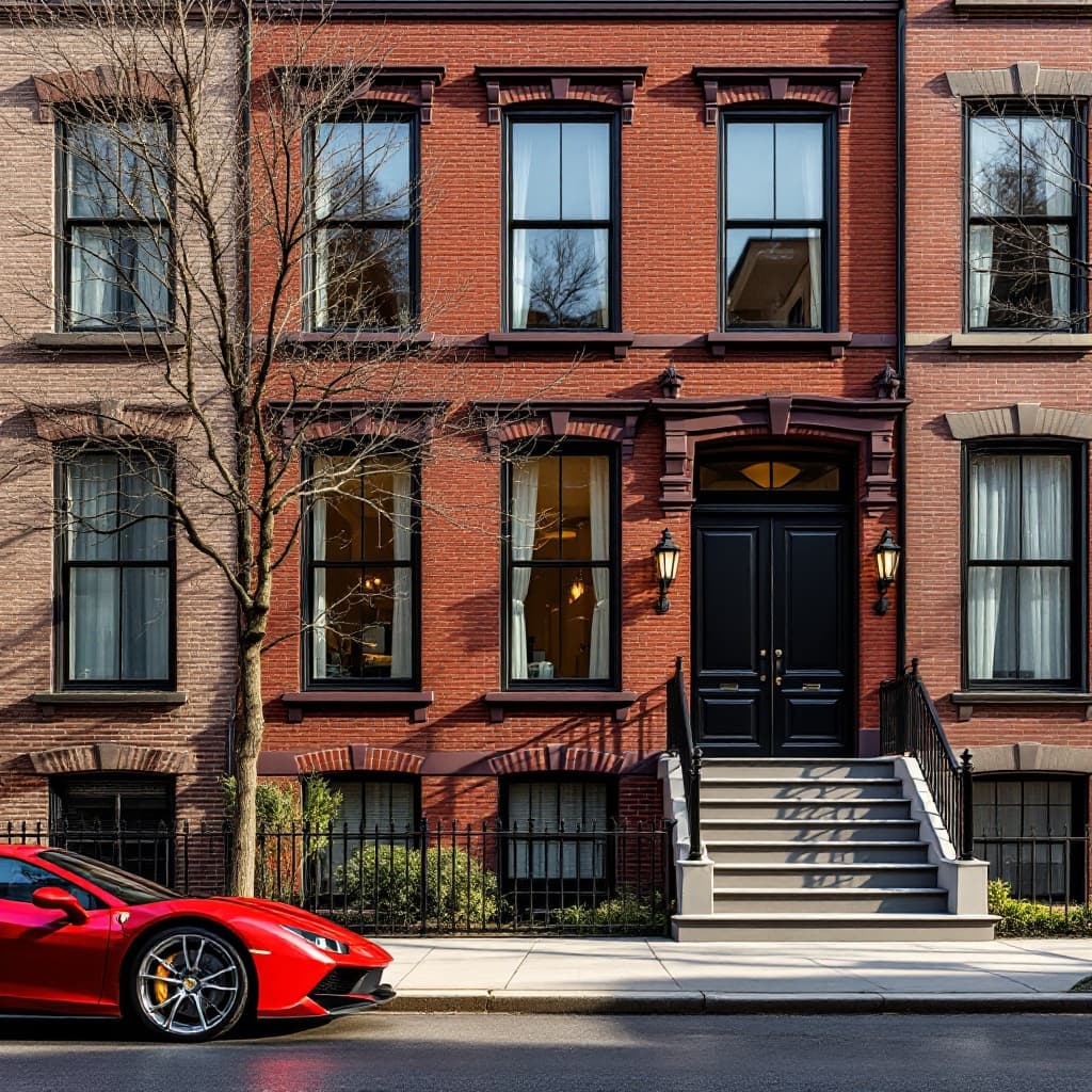 The scene is set outdoors in front of a classic urban townhouse.