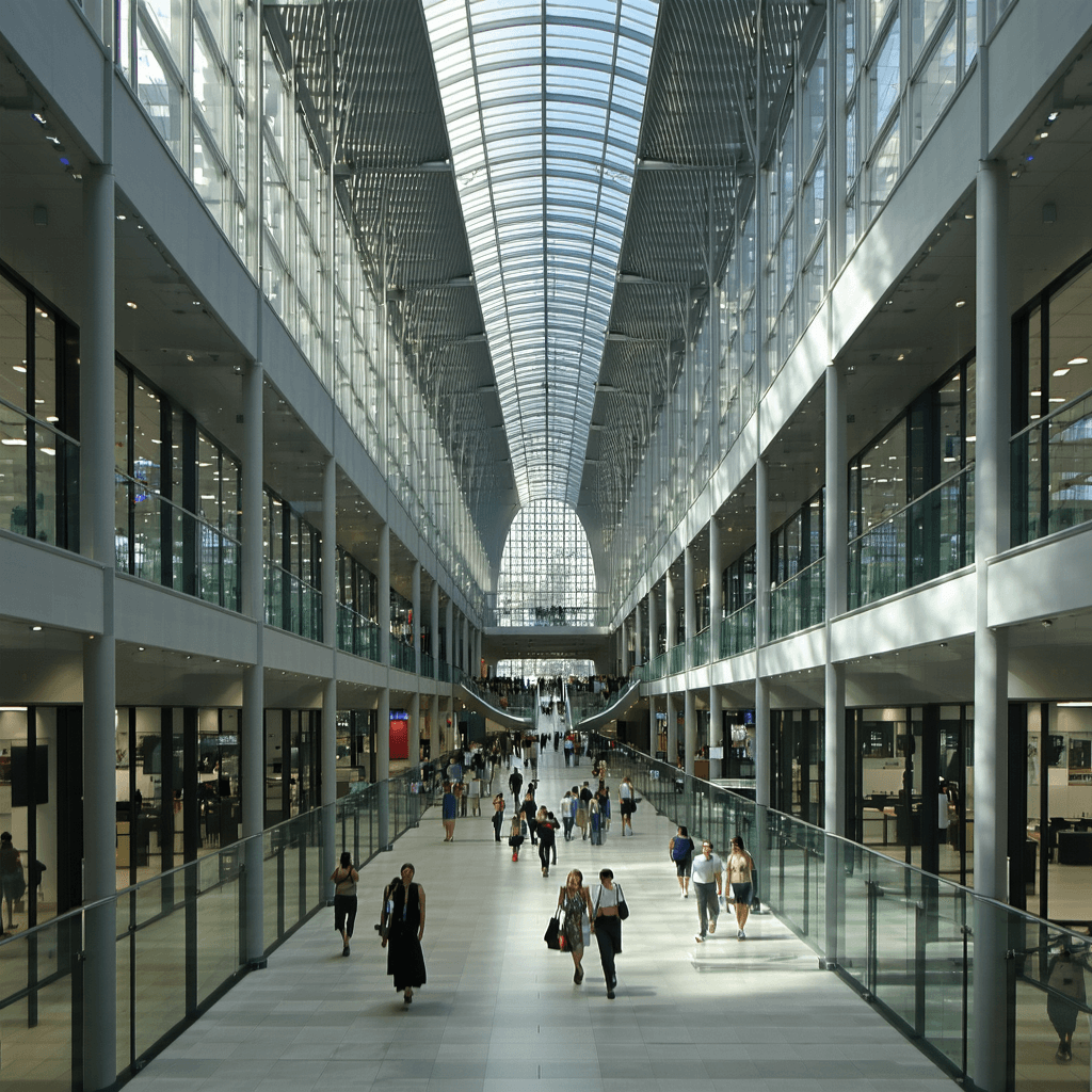The scene depicts an expansive indoor atrium with a striking architectural design.