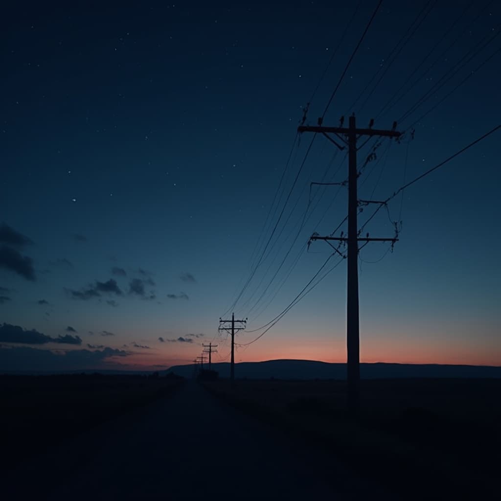 The scene is set outdoors during the twilight of early evening, just after the sun has dipped below the horizon.