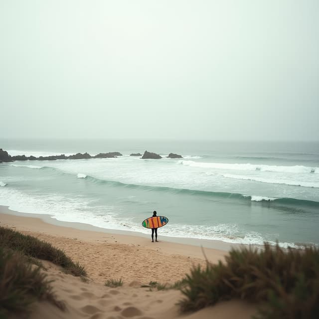 The scene is set outdoors on a sandy beach, captured under what appears to be a soft, overcast sky.