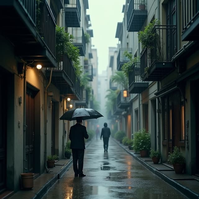 The scene is set outdoors in a narrow urban alley lined with tall residential buildings on both sides.