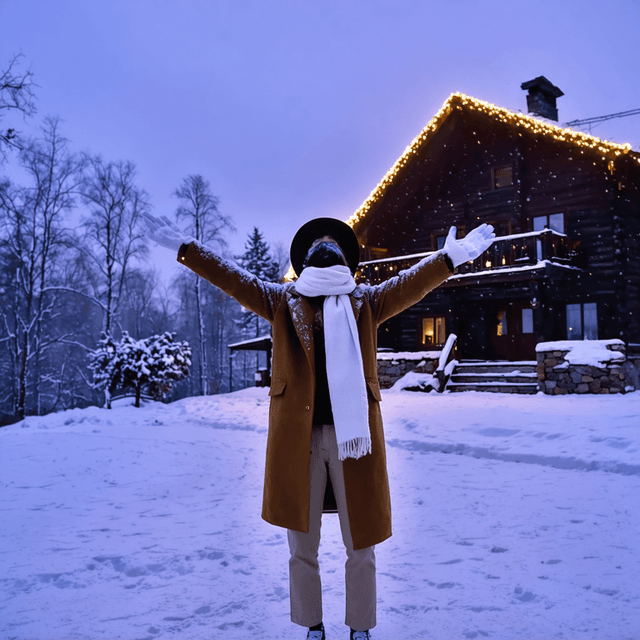 The scene is set outdoors during the evening, as the sky has a dusky, purplish tint suggesting twilight.