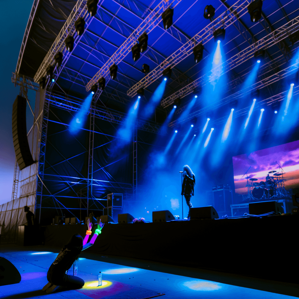 The scene is indoors, set in a vibrant concert venue filled with a lively atmosphere.