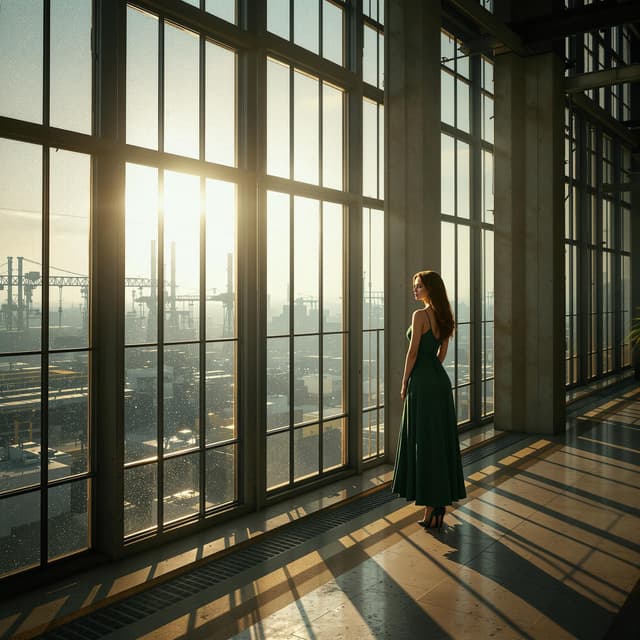 The scene is set indoors, possibly in a spacious industrial building or loft with large grid-style windows that stretch from floor to ceiling.