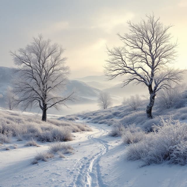 The scene is set outdoors in a tranquil, snow-covered landscape.