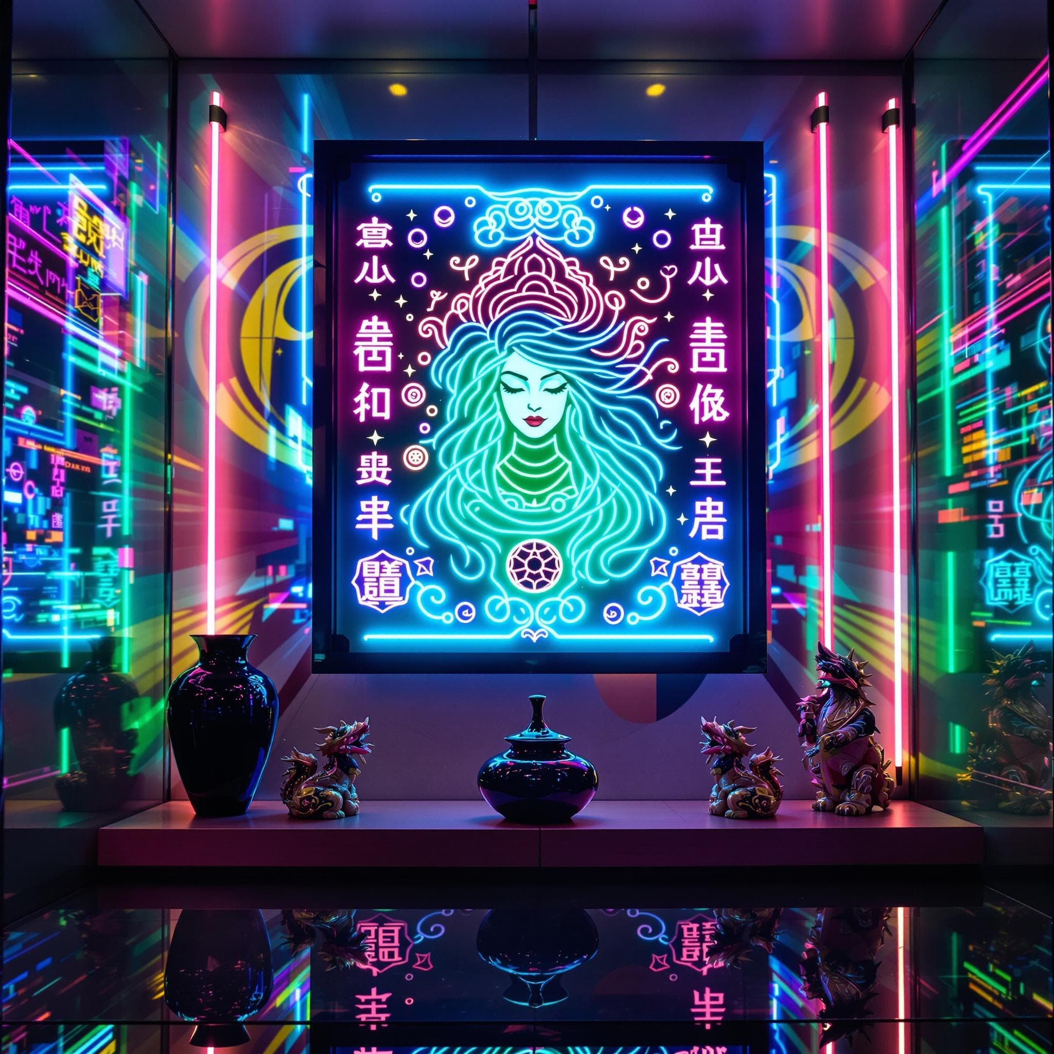 The scene unfolds indoors, most likely within a vibrant, urban setting characterized by a dazzling array of neon lights.
