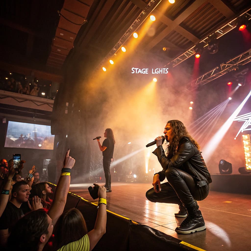 The scene is indoors, set in a vibrant concert venue filled with a lively atmosphere.