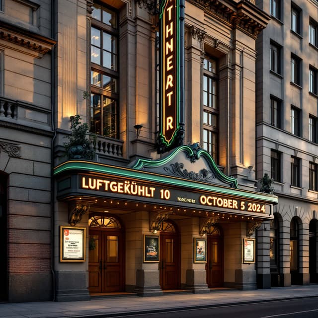 The scene takes place outdoors in front of a classic theater entrance.