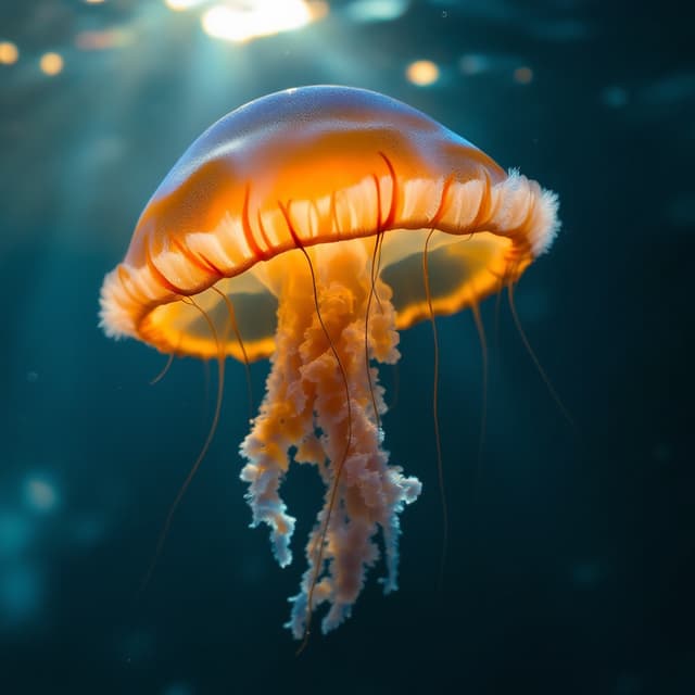 The scene is set underwater, enveloped in the deep darkness of the ocean's depths, with no natural light penetrating the surroundings.