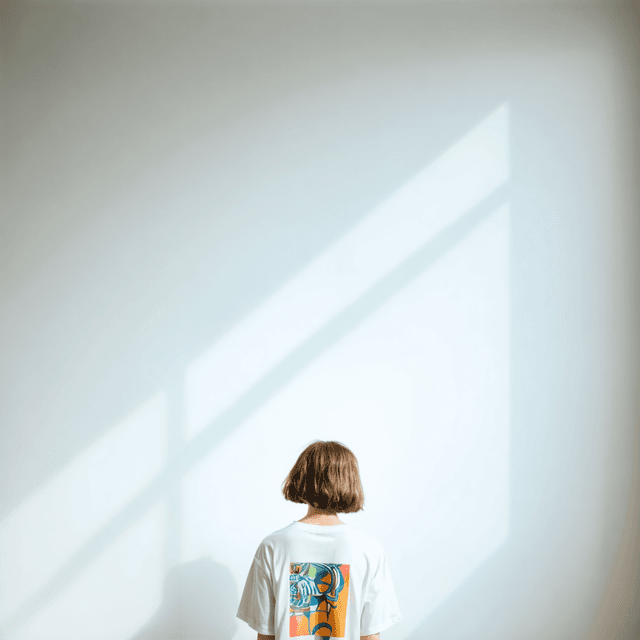 The scene is set indoors, featuring a simple, minimalist room with white walls that are bathed in the warm, soft glow of natural daylight.