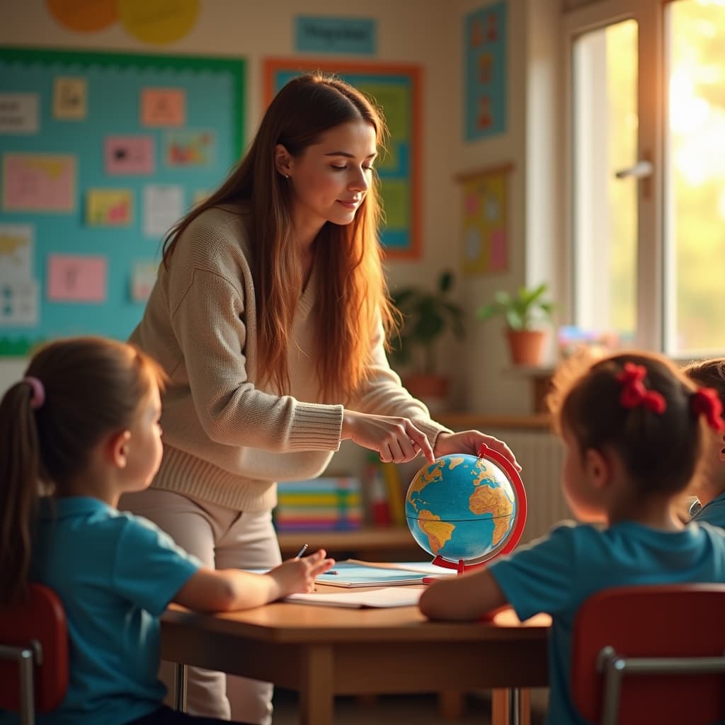 The scene unfolds indoors within a lively classroom setting during the daytime, as indicated by the bright interior lighting.