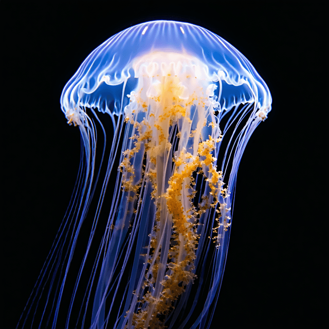 The scene is set underwater, enveloped in the deep darkness of the ocean's depths, with no natural light penetrating the surroundings.