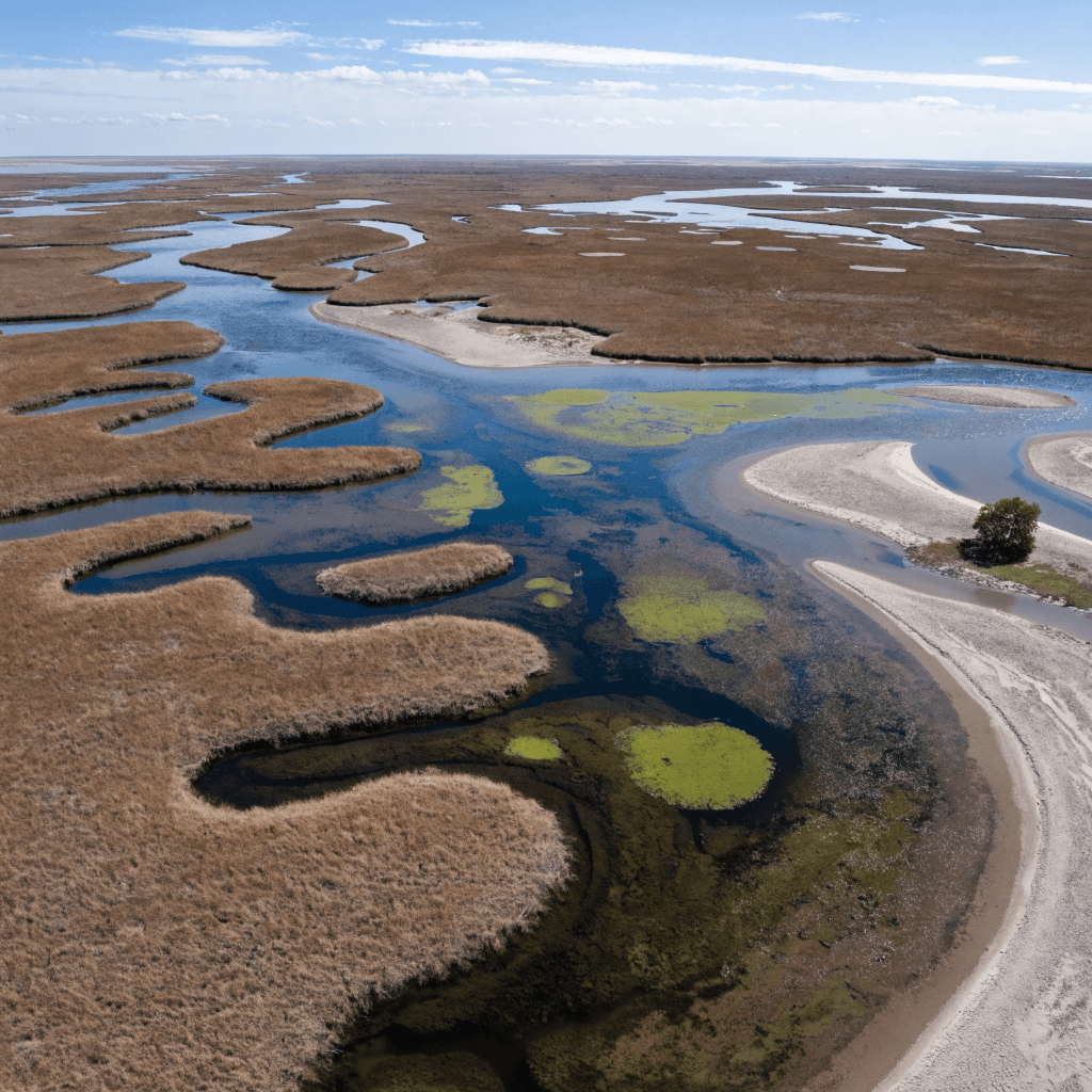 A high, straight-down aerial view shows a broad wetland or river delta made of dense brown reed beds and shallow greenish water channels winding between irregular landmasses.