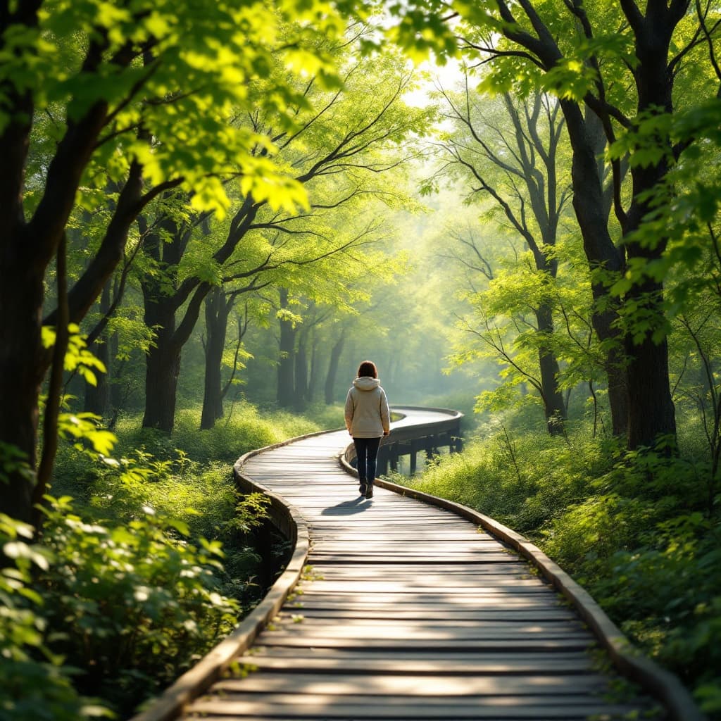 The scene is set outdoors, in a tree-lined pathway enveloped by the golden, warm hues of early evening light.