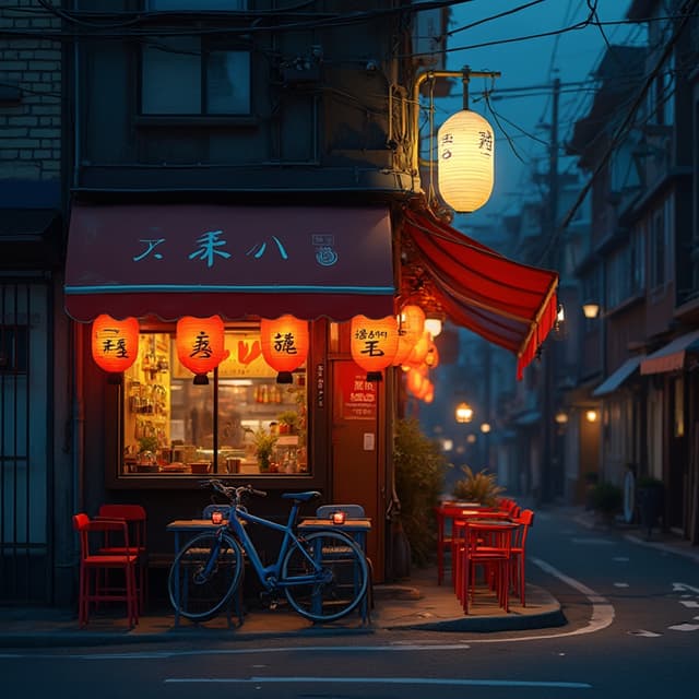 The scene is set on a quiet street corner during the gentle fade of dusk, transitioning into night.