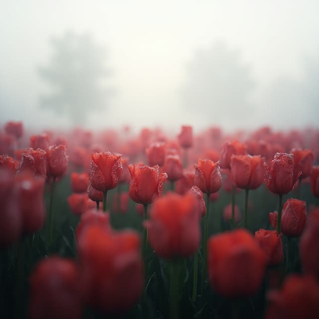 The scene unfolds outdoors in a vibrant tulip field under the clear blue sky of a bright midday sun.