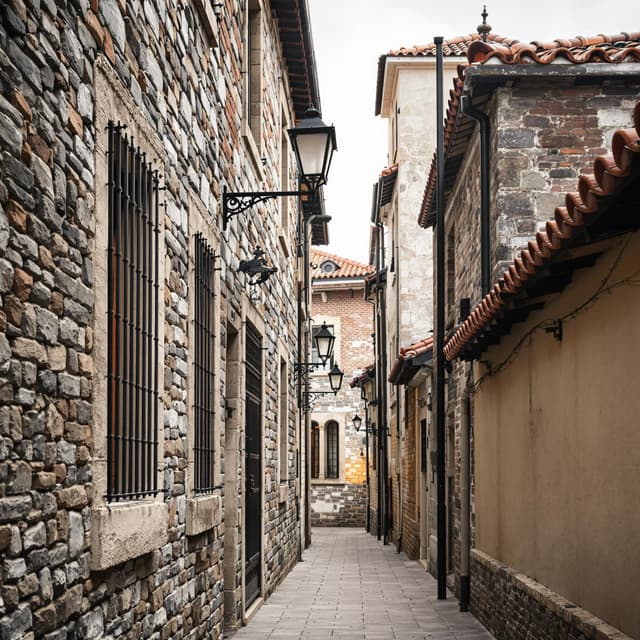The scene is set in a narrow outdoor alleyway flanked by tall buildings, suggesting a charming, historical district.