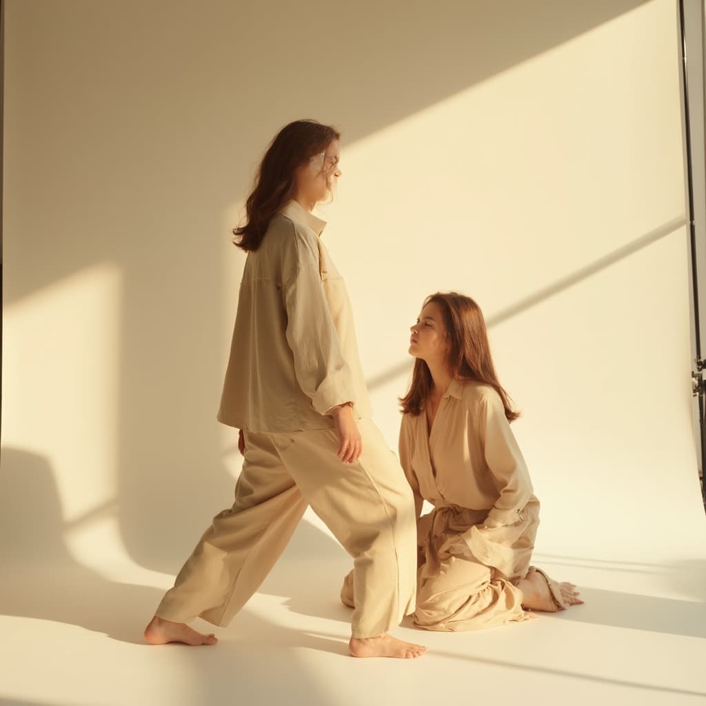 The scene is set in a minimalist indoor studio, defined by a stark white backdrop and well-lit by bright, even lighting simulating midday clarity.