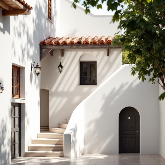 The scene is set outdoors, capturing a tranquil, sunlit courtyard.