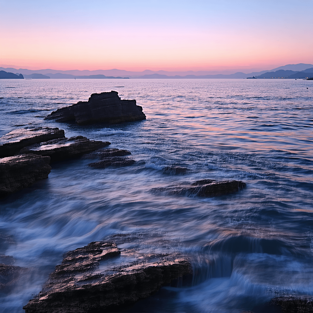 The scene is set outdoors at sunset, casting a warm, golden glow across the landscape.