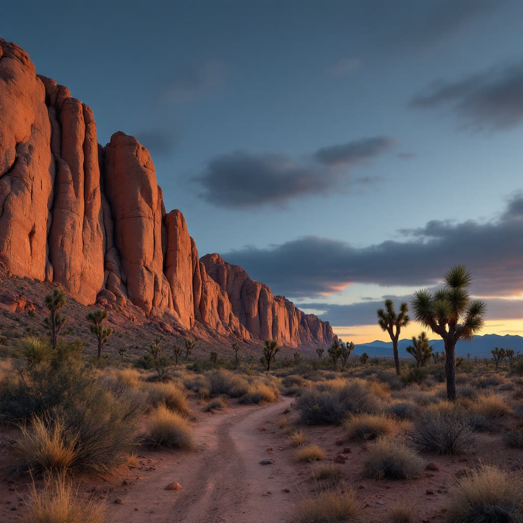 The scene unfolds outdoors in a desert landscape during the evening, under a deep, dim sky.