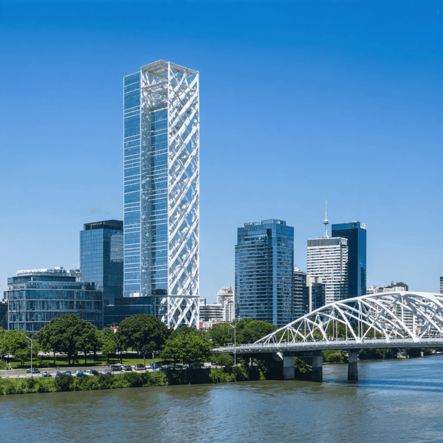 The scene is an outdoor cityscape at dusk, with the sky transitioning from deep blue to shades of purple and pink as the day turns to night.
