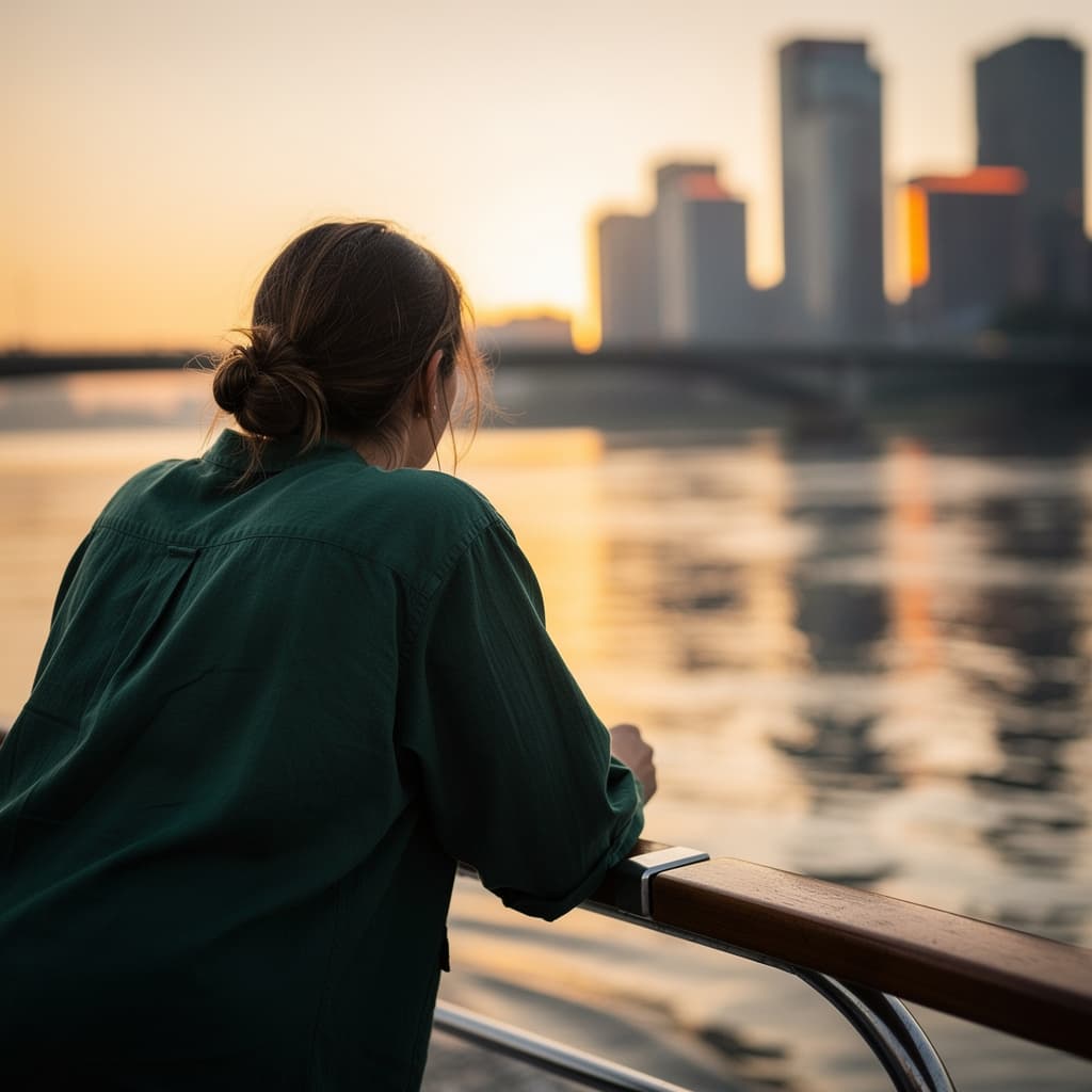 A person is seen from behind on the bow of a small boat, leaning slightly toward a metal rail with a curved wooden cap, wearing a loose dark green top and with brown hair tied in a messy bun.