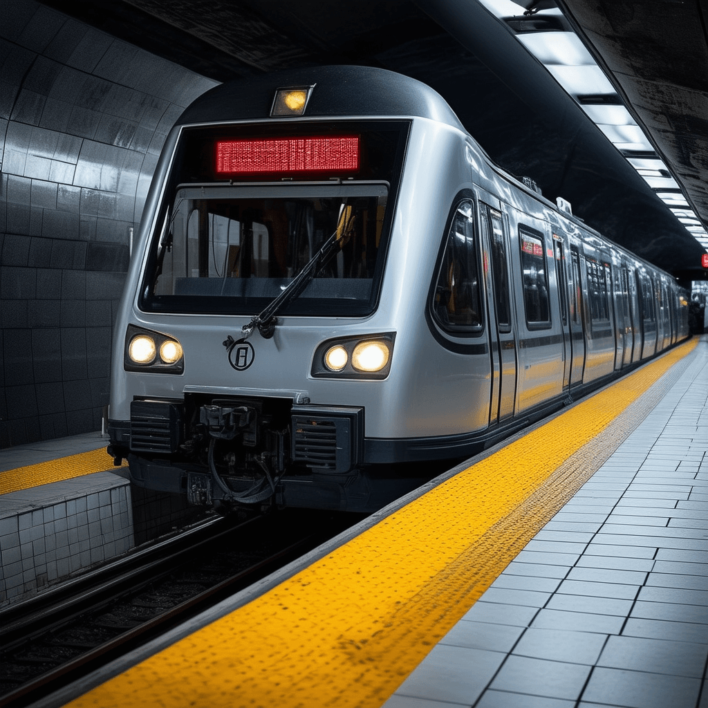 The image depicts a subway train station with a train approaching the platform.