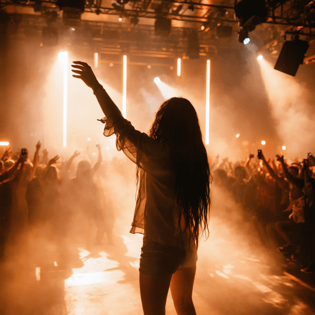 The scene takes place indoors, in what appears to be a dimly lit nightclub or concert hall.