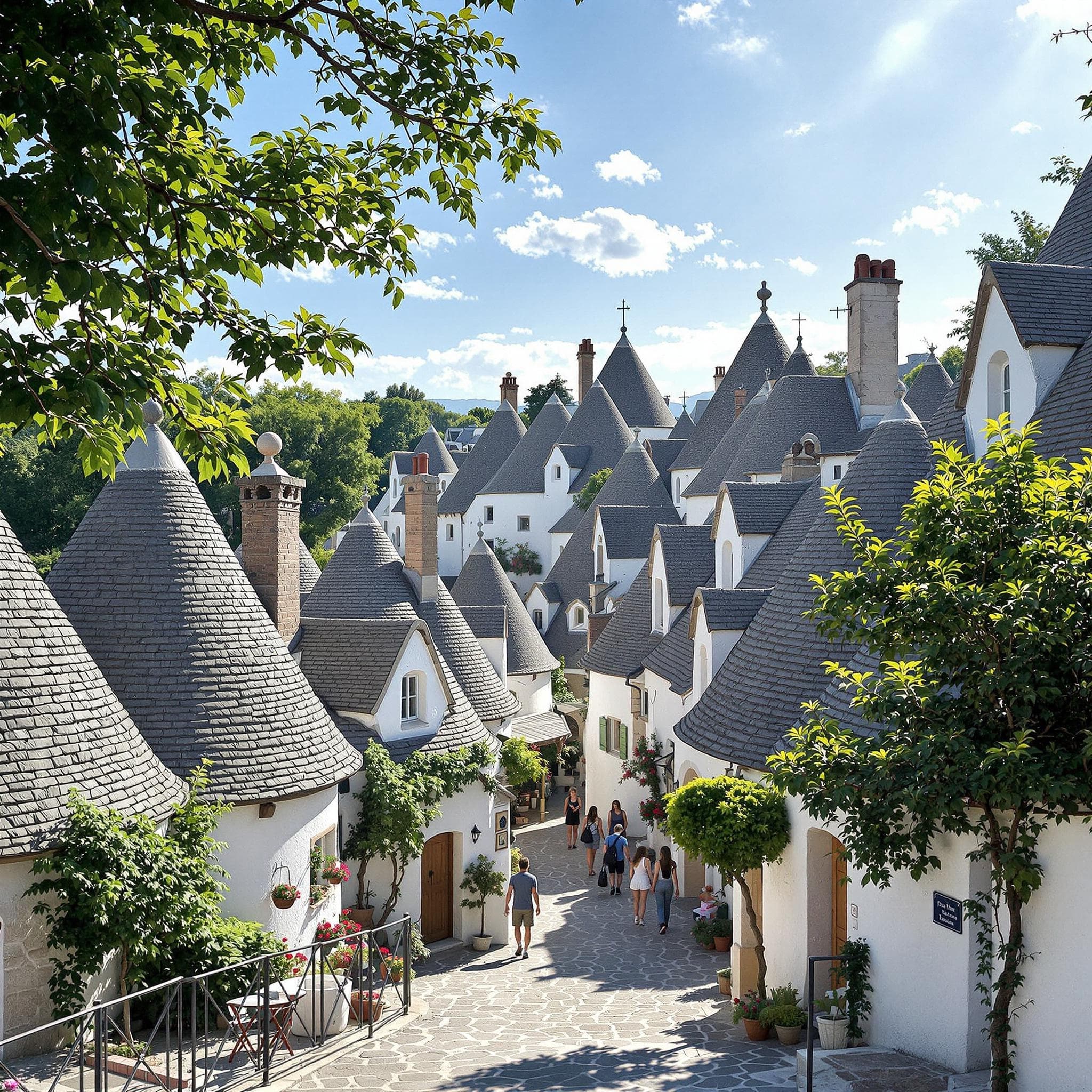 The scene captures an outdoor view of a quaint village during the daytime, under a clear, bright blue sky.